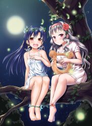  2girls anklet bare_legs bare_shoulders barefoot blue_flower blue_hair brown_eyes commentary_request daisy dress earrings feet fireflies flower full_body full_moon grey_hair hair_flower hair_ornament hairband harp head_wreath highres holding holding_instrument idolmaster idolmaster_(classic) in_tree instrument jewelry kisaragi_chihaya lyre moon multiple_girls musical_note night night_sky open_mouth plant plantar_flexion purple_eyes red_flower shijou_takane sitting sitting_in_tree sitting_on_branch sky smile star_(sky) starry_sky takasaka_donten teeth tree upper_teeth_only vines white_flower yellow_flower 