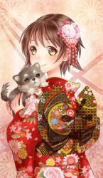  alternate_costume brown_hair canine commentary_request female flower hair_ornament japanese_clothes kikumon kimono kuji_kanesada miyafuji_yoshika red_kimono shippou_(pattern) solo strike_witches totonii_(totogoya) unmoving_pattern world_witches_series yellow_eyes 