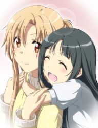  2girls :d ^_^ arm_around_neck asuna_(sao) bad_anatomy black_hair blush brown_eyes brown_hair closed_eyes commentary_request hug hug_from_behind long_hair multiple_girls nori_tamago open_mouth photoshop_(medium) smile sweater sword_art_online yui_(sao) 