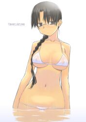  bare_shoulders bikini black_eyes black_hair braid breasts cameltoe female glasses hair_over_shoulder hoshina_tomoko large_breasts long_hair looking_at_viewer lowleg lowleg_bikini navel single_braid solo swimsuit to_heart to_heart_(series) tsuina underboob wading water wet white_bikini 