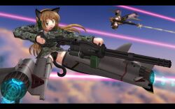  2girls aircraft airplane animal_ears blush cat_ears gatling_gun gun jet mecha_musume multiple_girls open_mouth original panties shiny_skin strike_witches_1991 striker_unit tail underwear weapon yae_nagi 