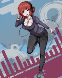  breasts cleavage commentary_request copyright_request digital_media_player female grado_labs headphones jewelry key large_breasts necklace open_mouth pale_skin pants purple_eyes red_hair running shoji-ikari short_hair solo 