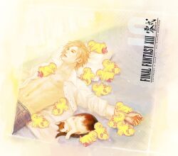  1boy bird blonde_hair chick chocobo commentary_request copyright_name feline final_fantasy final_fantasy_type-0 j_(onose1213) logo nine_(fft-0) open_clothes open_shirt scar shirt sleeping 