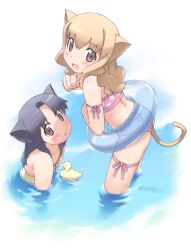  2girls :d :o animal_ears bikini black_hair blonde_hair blush brown_eyes cat_ears cat_tail kanzaki_hiro leg_ribbon long_hair multiple_girls non-web_source oerba_yun_fang open_mouth original partially_submerged red_eyes ribbon rubber_duck smile swimsuit tail thigh_ribbon thigh_strap wading water 