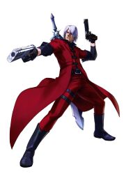  1boy blue_eyes coat dante_(devil_may_cry) devil_may_cry_(series) devil_may_cry_1 dual_wielding ebony_&amp;_ivory fighting_stance gloves grey_hair hair_over_one_eye holding huge_weapon long_coat male_focus official_art open_clothes open_coat over_shoulder project_x_zone solo sword thigh_strap weapon weapon_over_shoulder 