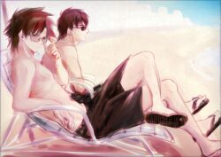  2boys beach beach_chair brown_hair buretin commentary_request emiya_kiritsugu fate/zero fate_(series) flip-flops kotomine_kirei male_focus male_swimwear multiple_boys sand sandals summer sunglasses swim_trunks umbrella 