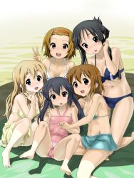  akiyama_mio barefoot beach bikini black_eyes black_hair blonde_hair blue_eyes blue_hair blush breasts brown_eyes brown_hair feet highres hirasawa_yui k-on! kotobuki_hajime kotobuki_tsumugi long_hair looking_at_viewer multiple_girls nakano_azusa open_mouth shadow short_hair soles spread_legs swimsuit tainaka_ritsu toes v 