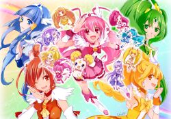  6+girls antenna_hair aoki_reika arms_up bike_shorts blonde_hair blue_eyes blue_hair boots bow bowtie brooch bubble_skirt candy_(smile_precure!) chibi chiyo_(rotsurechiriha) choker commentary_request creature cure_beat cure_beauty cure_blossom cure_happy cure_march cure_marine cure_melody cure_moonlight cure_muse_(yellow) cure_peace cure_rhythm cure_sunny cure_sunshine elbow_gloves gloves green_eyes green_hair hair_bun hair_flaps hair_ribbon hair_tubes hanasaki_tsubomi head_wings heart heartcatch_precure! high_ponytail hino_akane_(smile_precure!) hoshizora_miyuki houjou_hibiki in-franchise_crossover jewelry knee_boots kurokawa_eren kurumi_erika long_hair low_twintails magical_girl midorikawa_nao minamino_kanade multiple_girls myoudouin_itsuki orange_bow orange_choker orange_hair pink_bow pink_choker pink_eyes pink_hair pink_skirt pink_wrist_cuffs ponytail precure purple_eyes purple_hair rainbow_background red_bow red_bowtie red_eyes ribbon seiren_(suite_precure) shirabe_ako short_hair shorts shorts_under_skirt sidelocks single_elbow_glove single_glove single_hair_bun skirt smile smile_precure suite_precure thighhighs tiara tsukikage_yuri twintails white_legwear wide_ponytail wings wrist_cuffs yayoi_kise yellow_bow yellow_eyes 