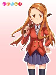  aisaka_taiga aisaka_taiga_(cosplay) akai_hirofuta black_thighhighs blazer bokken brown_hair commentary_request cosplay dress_shirt female forehead gradient_background idolmaster idolmaster_(classic) jacket kugimiya_rie long_hair minase_iori miniskirt oohashi_high_school_uniform photoshop_(medium) pleated_skirt school_uniform shirt skirt solo sword thighhighs toradora! voice_actor_connection weapon wooden_sword zettai_ryouiki 