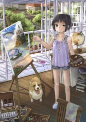  animal art_brush black_hair blush book bridge canine canvas_(object) commentary_request easel female footprints highres jewelry necklace oekaki_musume original paint paint_tube paintbrush painting_(action) palette_(object) photoshop_(medium) ponytail short_hair slippers solo table taka_(tsmix) tree whale 