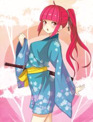  blue_kimono commentary_request female floral_print hair_ornament japanese_clothes kimono long_hair looking_at_viewer nosuku open_mouth original ponytail red_eyes red_hair sash solo sword wakizashi weapon wide_sleeves yukata 