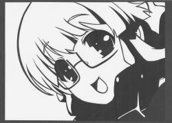  :d absurdres adele_balfetto female female glasses highres kyoukai_senjou_no_horizon kyoukaisenjou_no_horizon monochrome open_mouth short_hair smile solo 