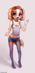  anthro bottomwear bra breasts brown_body brown_eyes brown_fur brown_hair canid canine canis cleavage clothed clothing collar coonkun cutoffs denim denim_bottomwear denim_clothing domestic_dog feet female fur hair hotpants legwear mammal midriff open_mouth pancake_puppy pantyhose shadow shirt shorts simple_background skimpy slim small_breasts solo tail tank_top thigh_gap tight_clothing topwear underwear white_background white_clothing white_shirt white_tank_top white_topwear young young_anthro young_female 