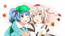  2girls board_game commentary_request hat highres inubashiri_momiji kawashiro_nitori kawazuishi leaf maple_leaf multiple_girls one_eye_closed open_mouth shogi smile tokin_hat touhou two_side_up 