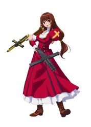  boots brown_eyes brown_hair cross cross-laced_footwear cross_necklace dress dual_wielding erica_fontaine female gun holding jewelry lace-up_boots long_hair low-tied_long_hair necklace official_art project_x_zone red_dress sakura_taisen sakura_taisen_iii smile solo submachine_gun trigger_discipline twintails weapon 