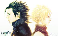  2boys back-to-back black_hair blonde_hair blue_eyes cloud_strife commentary_request copyright_name final_fantasy final_fantasy_vii j_(onose1213) logo multiple_boys sleeveless sleeveless_turtleneck turtleneck zack_fair 