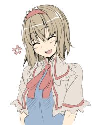  :d alice_margatroid blonde_hair capelet closed_eyes commentary_request female hairband happy highres open_mouth short_hair smile solo touhou unasaka_ryou upper_body white_background 