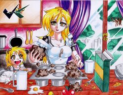  alternate_species apple apron blonde_hair clothing cooking cutlery derpy_hooves dinky_hooves_(mlp) duo egg female food friendship_is_magic fruit hair hasbro human humanized jadenkaiba kitchen kitchen_utensils mammal messy muffin my_little_pony not_furry plant smile spoon tools young 