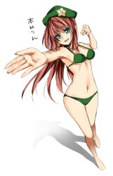  aqua_eyes armpits barefoot beret bikini breasts collarbone commentary_request female full_body green_bikini hands hat highres hong_meiling long_hair medium_breasts navel open_mouth outstretched_arm outstretched_hand red_hair simple_background solo star_(symbol) swimsuit touhou unasaka_ryou white_background 