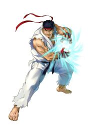  1boy barefoot black_hair dougi energy_ball fingerless_gloves gloves hadouken headband male_focus muscular official_art project_x_zone ryu_(street_fighter) sleeveless solo street_fighter torn_clothes torn_sleeves 