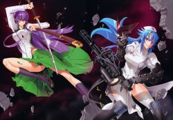  2girls absurdres black_legwear black_panties blue_eyes breasts busujima_saeko character_request creator_connection gatling_gun gun hat highres highschool_of_the_dead hitsugi_sayo holding holding_sword holding_weapon katana large_breasts long_hair mask multiple_girls nurse nurse_cap panties photoshop_(medium) puffy_sleeves purple_eyes purple_hair satou_shouji scan school_uniform sheath shoes skirt sword thighhighs torn_clothes torn_thighhighs triage_x underwear weapon 