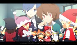  1boy :d aegis_(persona) amada_ken android aragaki_shinjirou bad_id bad_pixiv_id blue_eyes blue_hair blush brown_hair chibi fairy_(jintai) female gekkoukan_high_school_uniform hair_over_one_eye hat iori_junpei jinrui_wa_suitai_shimashita kirijou_mitsuru letterboxed mochizuki_ryouji open_mouth parody persona persona_3 pharos red_eyes red_hair ribbon sanada_akihiko school_uniform shiomi_kotone siroco smile translated yamagishi_fuuka yukari_takeba yuuki_makoto_(persona_3) 