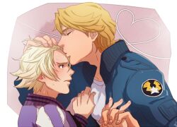  2boys @@@ bad_id bad_pixiv_id blonde_hair blush closed_eyes couple heart heart_of_string height_difference holding_hands interlocked_fingers ivan_karelin jacket keith_goodman kissing kissing_forehead letterman_jacket male_focus multiple_boys purple_eyes purple_jacket sweat tiger_&amp;_bunny yaoi 