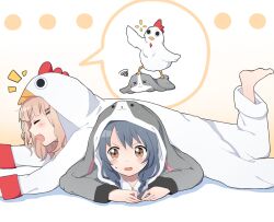  2girls animal_costume bird blonde_hair blue_hair braid brown_eyes chicken chicken_costume closed_eyes commentary_request furutani_himawari hair_ornament hairclip lying multiple_girls on_stomach oomuro_sakurako open_mouth pajamas pinned rabbit rabbit_costume segami speech_bubble sweatdrop twin_braids x_x yuru_yuri 