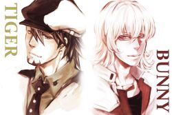  2boys barnaby_brooks_jr. blonde_hair brown_eyes brown_hair cabbie_hat commentary_request dice_text facial_hair glasses green_eyes hat highres multiple_boys muted_color portrait stubble tiger_&amp;_bunny 