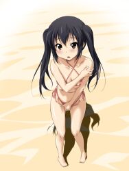  barefoot beach blue_hair blush brown_eyes covering feet highres k-on! kotobuki_hajime long_hair looking_at_viewer nakano_azusa sand shadow solo standing swimsuit toes twintails 