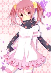  :&lt; bloodcatblack charlotte_(madoka_magica) commentary_request female hair_bobbles hair_ornament highres magical_girl mahou_shoujo_madoka_magica mahou_shoujo_madoka_magica_(anime) personification pink_eyes scarf solo twintails 