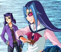  blue_eyes blue_hair brother_and_sister card kamishiro_rio kamishiro_ryoga long_hair multicolored_hair purple_hair red_eyes siblings smile yu-gi-oh! yuu-gi-ou_zexal 