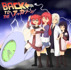  4girls :d age_difference ahoge akaza_akane akaza_akari back_to_the_future bags_under_eyes black_hair black_pantyhose black_socks black_thighhighs blonde_hair collarbone commentary_request double_bun hair_bun hand_on_own_hip lab_coat lightning long_hair matsumoto_rise mochimotchi multiple_girls nanamori_school_uniform nishigaki_nana open_mouth pantyhose parody purple_eyes red_eyes red_hair school_uniform serafuku short_hair shorts siblings single_hair_bun sisters smile socks thighhighs time_machine title_parody yuru_yuri 