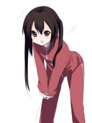  black_hair brown_eyes commentary_request exercising female k-on! light_blush long_hair nakano_azusa open_mouth simple_background sora_to_umi track_suit twintails white_background 