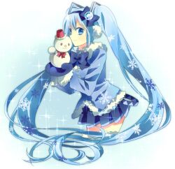  00mint bad_id bad_pixiv_id blue_eyes blue_hair earmuffs female hatsune_miku long_hair mittens skirt smile snowman solo twintails very_long_hair vocaloid yuki_miku yuki_miku_(2012) 