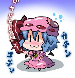  :3 bad_id bad_pixiv_id bat_wings blue_hair blush chibi detached_wings dress female hat mob_cap noai_nioshi puffy_short_sleeves puffy_sleeves remilia_scarlet ribbon-trimmed_dress ribbon-trimmed_headwear ribbon_trim short_sleeves sitting solo sweat touhou wings |_| 