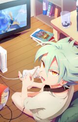  1boy bag chips_(food) commentary_request controller food fubuki_atsuya fubuki_shirou game_console game_controller gamepad glass green_hair headphones ice ice_cube inazuma_eleven inazuma_eleven_(game) inazuma_eleven_(series) inazuma_eleven_strikers looking_at_viewer male_focus open_mouth popsicle_stick potato_chips television wato_samirika wii yellow_eyes 