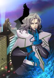  2boys blue_eyes blue_fire cape commentary_request dual_persona finger_to_mouth fire gloves glowing glowing_eye green_eyes grey_hair hair_ornament hairclip libuki long_hair lunatic_(tiger_&amp;_bunny) multiple_boys photoshop_(medium) superhero_costume tiger_&amp;_bunny yuri_petrov 