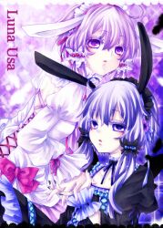  2girls animal_ears black_vs_white border choker clone colored_eyelashes commentary_request hairband holding_hands interlocked_fingers lace lace_border lolita_fashion long_hair long_sleeves multiple_girls nail_polish ornate_border parted_lips puffy_long_sleeves puffy_sleeves purple_eyes purple_hair purple_theme rabbit_ears short_hair_with_long_locks sidelocks time_paradox vocaloid voiceroid yoitsukishin yuzuki_yukari 