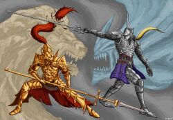  2boys armor battle blonde_hair crossover cutting dark_souls_(series) dark_souls_i demon demon&#039;s_souls dragon_slayer_ornstein duel fangs full_armor gauntlets helmet highres horns knight lion long_hair male_focus menaslg monster multiple_boys penetrator_(demon&#039;s_souls) photoshop_(medium) plume polearm single_horn spear sword weapon 