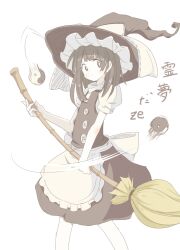  apron bamboo_broom black_hair broom commentary_request cosplay female hakurei_reimu hat kirisame_marisa kirisame_marisa_(cosplay) kururunpa long_hair puffy_sleeves short_sleeves solo touhou witch_hat yin_yang 