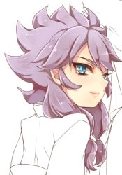  1boy amemiya_taiyou amemiya_taiyou_(mixi_max_zhuge_kongming) commentary_request from_behind fusion inazuma_eleven_(series) inazuma_eleven_go inazuma_eleven_go_chrono_stone long_hair looking_at_viewer looking_back lowres male_focus purple_hair solo tobi_(one) unfinished upper_body 