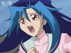  blue_hair crying kamishiro_rio long_hair lowres multicolored_hair red_eyes tears yu-gi-oh! yuu-gi-ou_zexal 