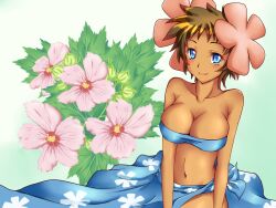  bandeau blue_eyes blue_sarong blush breasts bud cleavage commentary_request dark-skinned_female dark_skin dress female flower hibiscus ichimu_(1727) large_breasts navel phoebe_(pokemon) pink_flower pokemon print_sarong rose_of_sharon sarong shiny_skin shirt skindentation solo strapless taut_clothes taut_shirt tube_top 