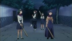  3boys 5girls animated animated anime_screenshot bag baseball baseball_bat baseball_mitt groin_attack hitting hostage ishigaki_tamaki japanese_clothes kikusaka_kochou knife lowres multiple_boys multiple_girls ogasawara_akiko old old_man school_uniform serafuku sign souya_yuki taishou_yakyuu_musume theft throwing tsukubae_tomoe 