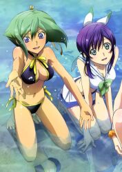  2girls aquarion_(series) aquarion_evol artist_request barefoot bikini blue_eyes bow breasts cleavage cleavage_cutout clothing_cutout cropped green_eyes green_hair kneeling medium_breasts mikono_suzushiro multiple_girls navel panties parted_lips purple_hair reflection sailor_collar side-tie_bikini_bottom smile sparkle swimsuit underwear water zessica_wong 