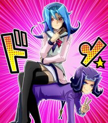  blue_eyes blue_hair brother_and_sister card kamishiro_rio kamishiro_ryoga long_hair multicolored_hair red_eyes short_hair siblings smile thighhighs yu-gi-oh! yuu-gi-ou_zexal 