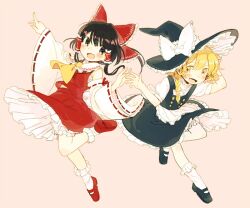  2girls ascot bad_id bad_pixiv_id black_eyes black_hair blonde_hair bloomers blush bow braid commentary_request detached_sleeves hair_tubes hairbow hakurei_reimu hat hat_bow kirisame_marisa long_hair multiple_girls okari pink_background ribbon simple_background single_braid touhou underwear witch_hat yellow_eyes 