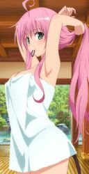  adjusting_hair armpits blush breasts highres lala_satalin_deviluke long_hair looking_at_viewer naked_towel pink_hair profile rock rocks steam to_love-ru towel tying_hair water 