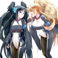  2girls :d angel_wings black_hair black_wings blonde_hair blue_eyes bodysuit breasts cleavage closed_eyes commentary_request fingerless_gloves gloves highres holding_hands interlocked_fingers kyoukaisenjou_no_horizon large_breasts long_hair long_sleeves malga_naruze margot_knight multiple_girls natori_(raisenritz) open_mouth pantyhose smile very_long_hair wings yuri 